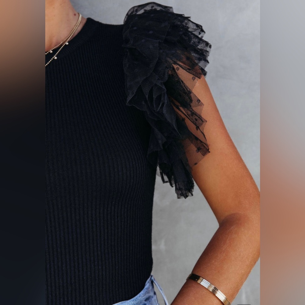 Dotty Mesh Ruffle Sleeve Ribbed Knit Top - Picture 5 of 9